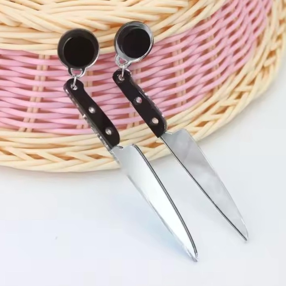 Spooky Silver Knife Earrings Creepy Goth Halloween Cosplay Statement Jewelry - Picture 4 of 11